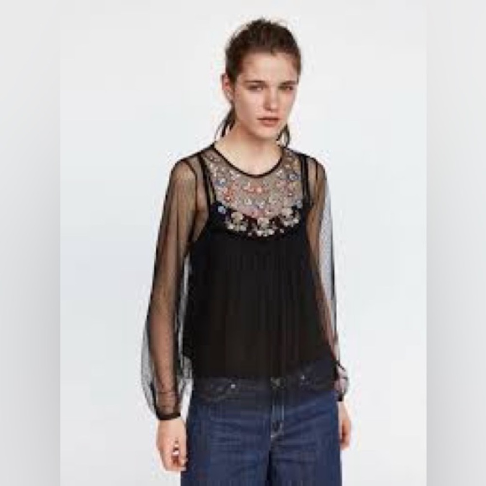 Zara Trafaluc Collection Small Embroidered Mesh Blouse
